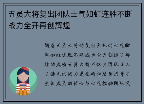 五员大将复出团队士气如虹连胜不断战力全开再创辉煌