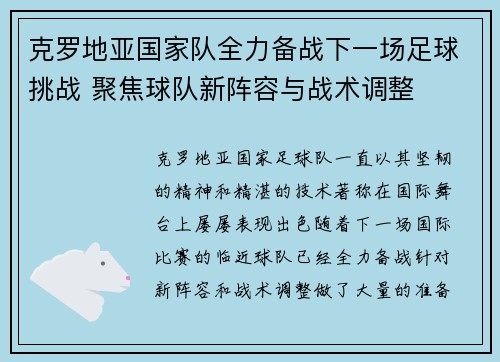 克罗地亚国家队全力备战下一场足球挑战 聚焦球队新阵容与战术调整